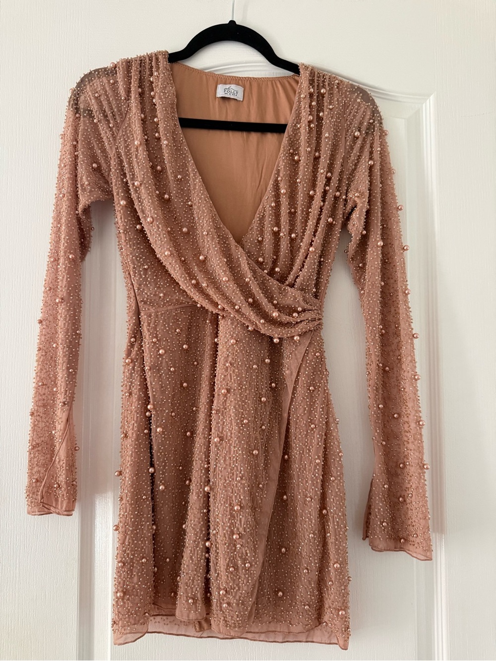 Oh Polly Blush Pink Pearl-Embellished Long Sleeve Mini Dress